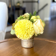 Load image into Gallery viewer, [RESS-ADALYY] Gold Glass Vase Small - Artificial Yellow Dahlia, Rose &amp; Hydrangea Green