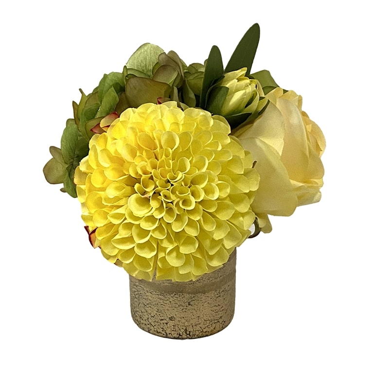 [RESS-ADALYY] Gold Glass Vase Small - Artificial Yellow Dahlia, Rose & Hydrangea Green