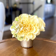Load image into Gallery viewer, [RESS-APNYHDGR] Gold Glass Vase Small - Artificial Peony, Rose &amp; Hydrangea Green/Yellow