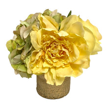 Load image into Gallery viewer, [RESS-APNYHDGR] Gold Glass Vase Small - Artificial Peony, Rose &amp; Hydrangea Green/Yellow
