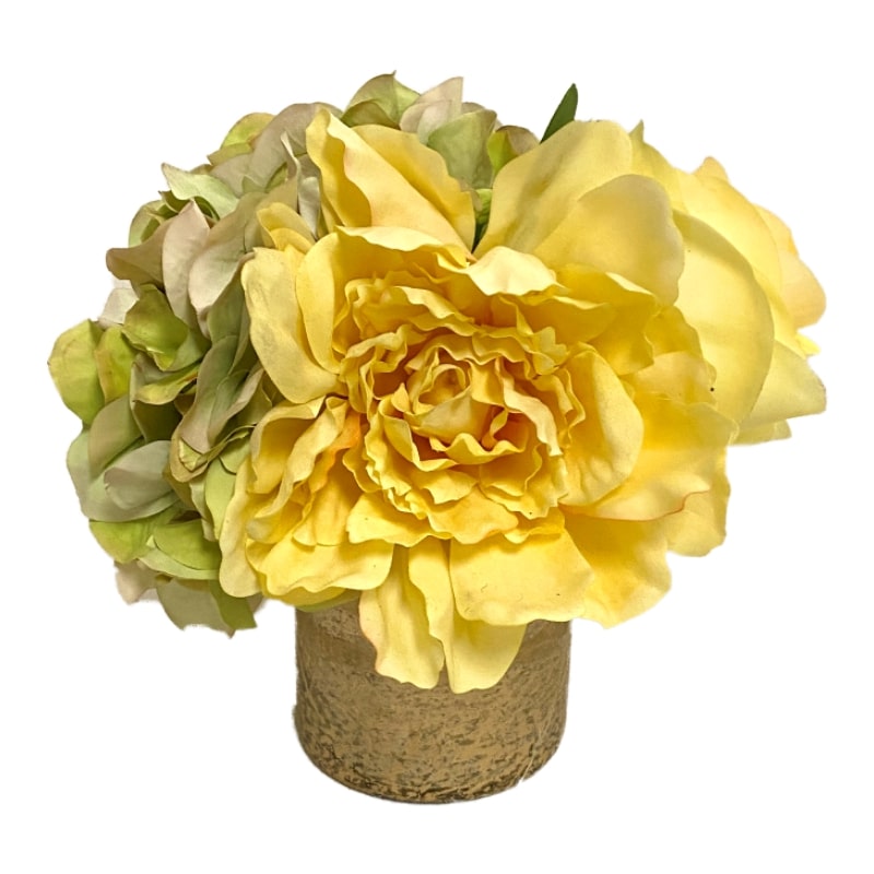 [RESS-APNYHDGR] Gold Glass Vase Small - Artificial Peony, Rose & Hydrangea Green/Yellow