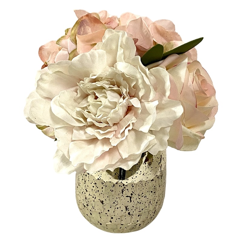 [RGVHS-APNHDP] Round Glass Vase Hammered Small - Artificial Peony, Rose & Hydrangea Pink
