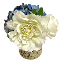Load image into Gallery viewer, [RGVHS-APNHDBL] Round Glass Vase Hammered Small - Artificial Peony, Rose &amp; Hydrangea Blue/White