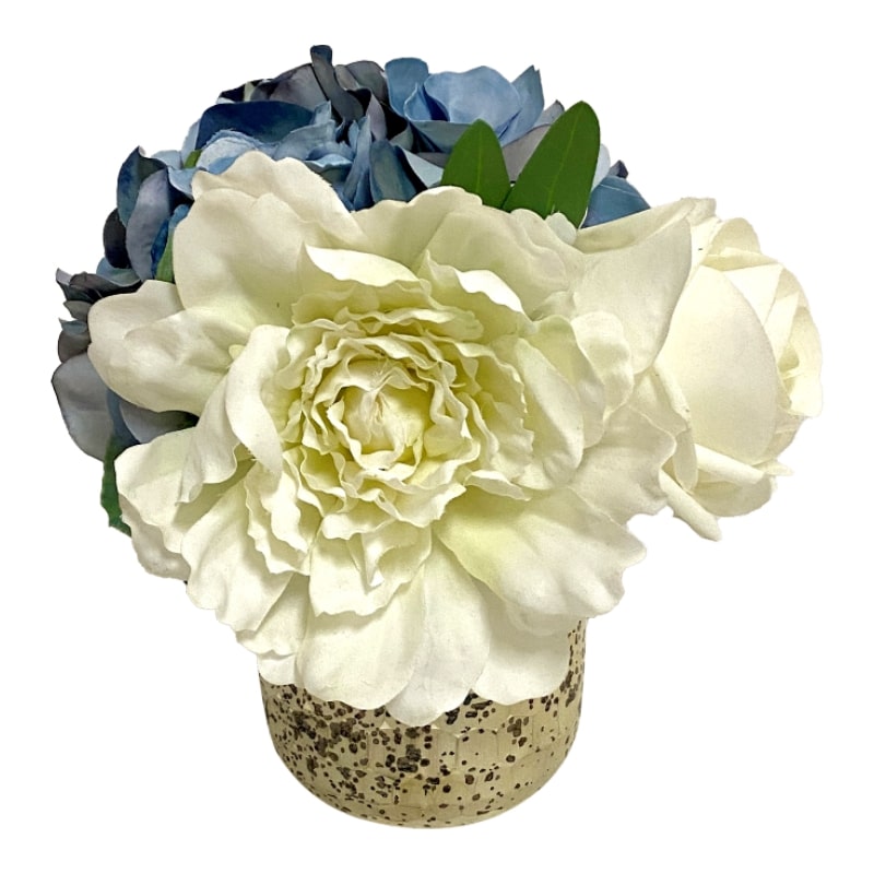 [RGVHS-APNHDBL] Round Glass Vase Hammered Small - Artificial Peony, Rose & Hydrangea Blue/White