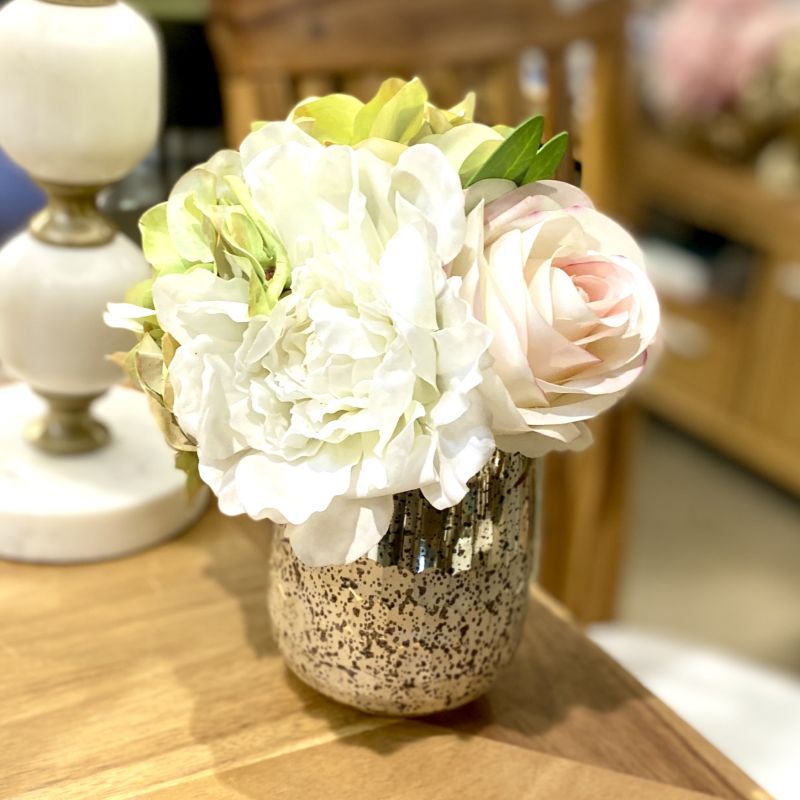 [RGVHS-APNHDGR] Round Glass Vase Hammered Small - Artificial Peony, Rose & Hydrangea Green/White