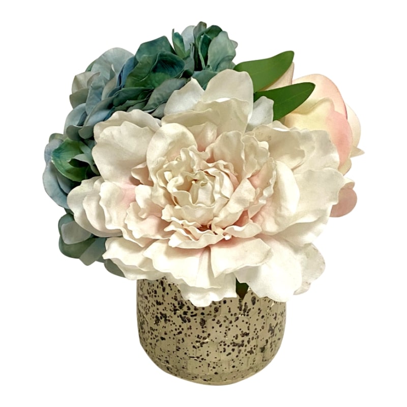 [RGVHS-APNHDLB] Round Glass Vase Hammered Small - Artificial Peony, Rose & Hydrangea Light Blue/White/Pink