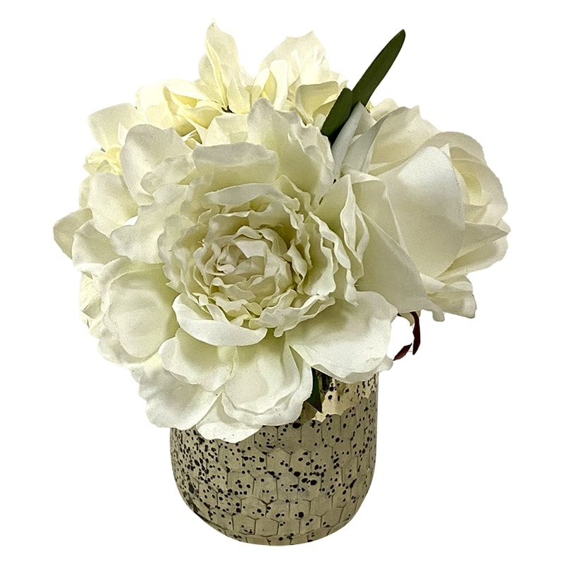 [RGVHS-APNHDW] Round Glass Vase Hammered Small - Artificial Peony, Rose & Hydrangea White