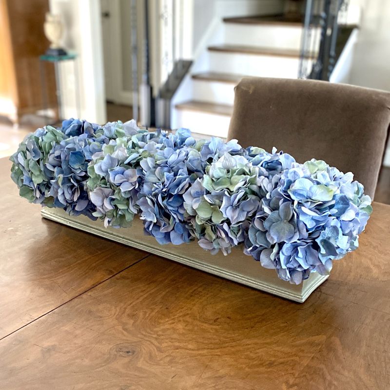 [RPL-C-AHDBLB] Rect Long Container Champagne Leaf - Hydrangea Blue & Light Blue Artificial
