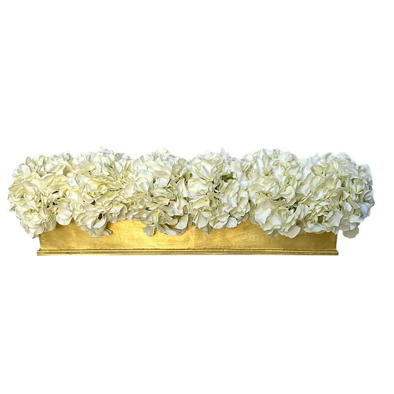 [RPL-G-AHDW] Rect Long Container Gold Leaf - Hydrangea White Artificial