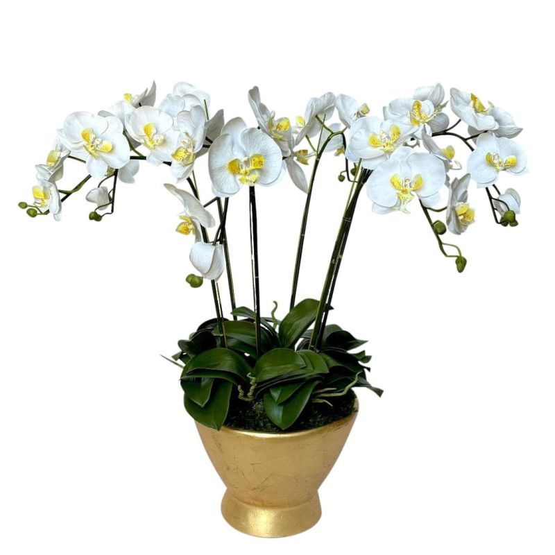 [RRCT-G-ORYE6] Resin Round Container Gold Leaf - White & Yellow Orchid Artificial - 6 Stems