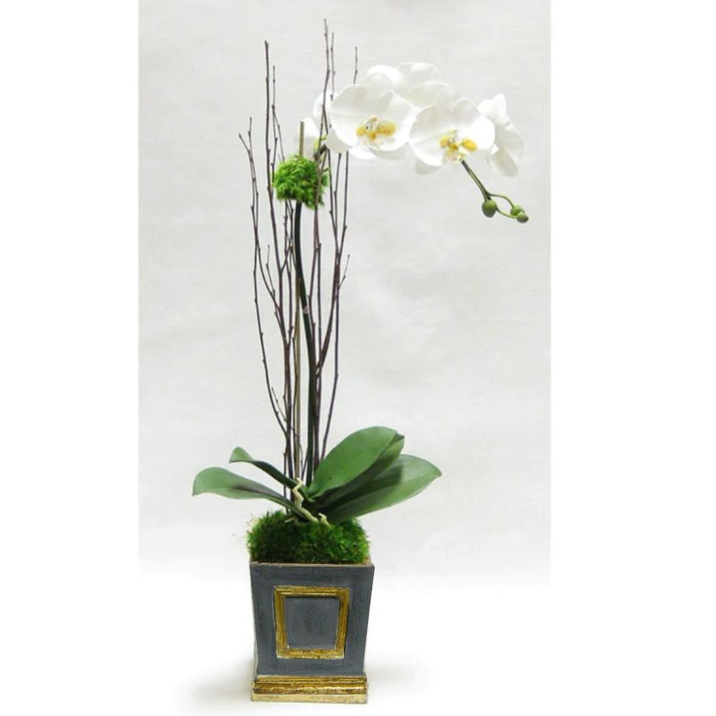 [WMSPI-DG-ORYE] Wooden Small Square Container w/Inset Dark Blue Grey - White & Yellow Orchid Artificial