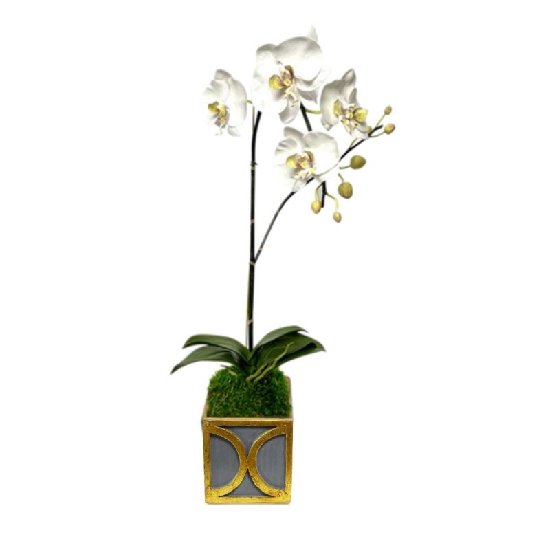 [WMSPO-DG-ORGR] Wooden Mini Square Container w/ Circle Dark Blue Grey w/ Gold - Orchid White & Green Artificial