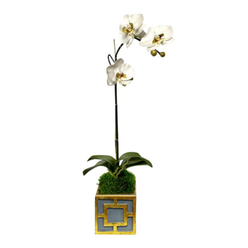 [WMSPQ-DG-ORGR2] Wooden Mini Square Container w/ Square - Dark Blue Grey w/ Antique Gold - Orchid White/Green Artificial
