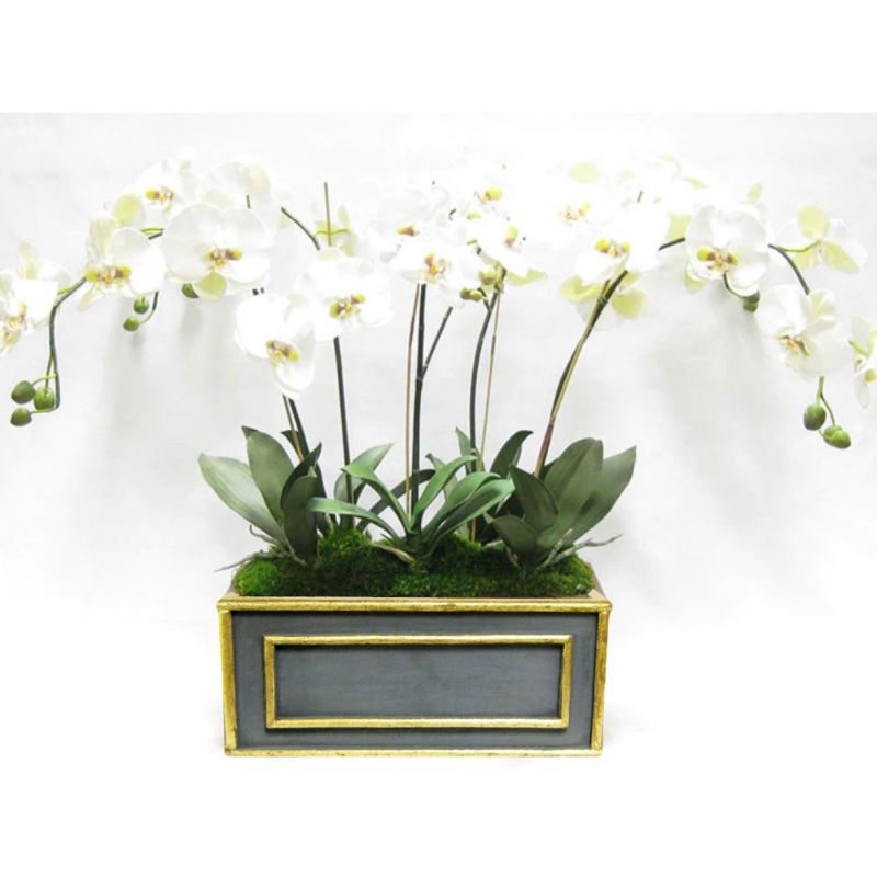 [WRPM-DG-ORGR] Wooden Medium Rect Container Blue Grey w/ Gold - White & Green Orchid Artificial