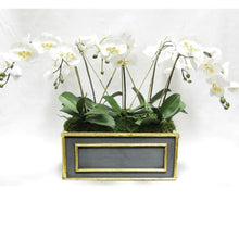 Load image into Gallery viewer, [WRPM-DG-ORYEX] Wooden Medium Rect Container Blue Grey w/ Gold - White &amp; Yellow Orchid Artificial
