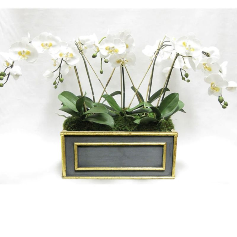 [WRPM-DG-ORYEX] Wooden Medium Rect Container Blue Grey w/ Gold - White & Yellow Orchid Artificial