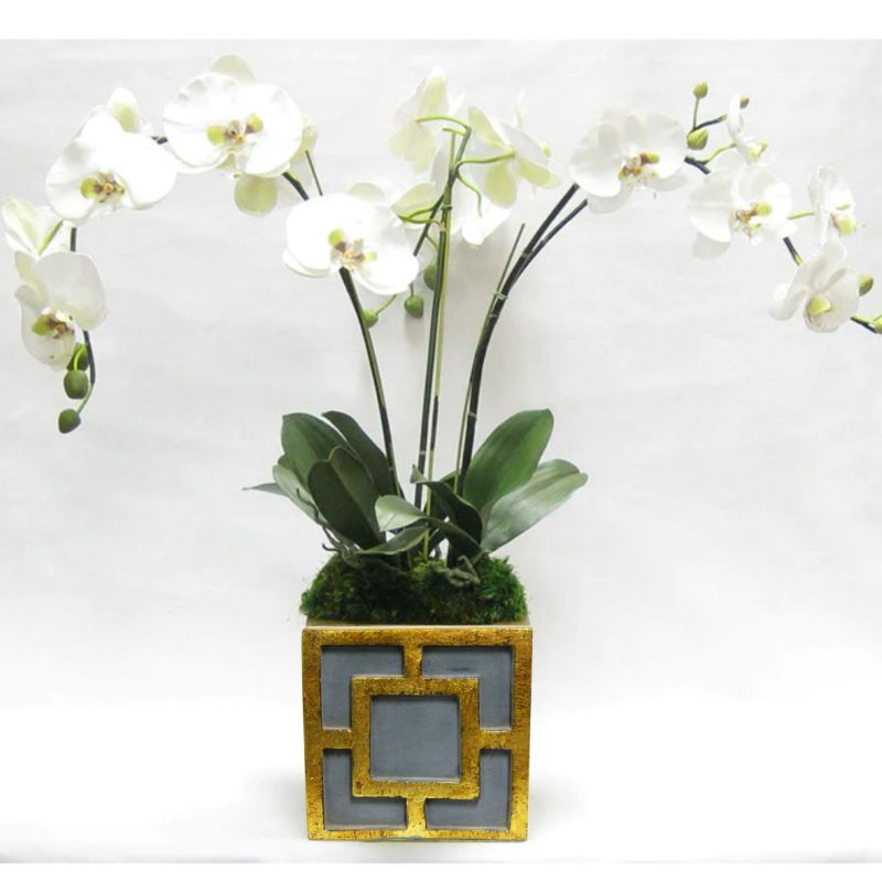 [WSPQ-DG-ORGR] Wooden Square Container w/ Square - Dark Blue Grey w/ Antique Gold - White & Green Orchid Artificial