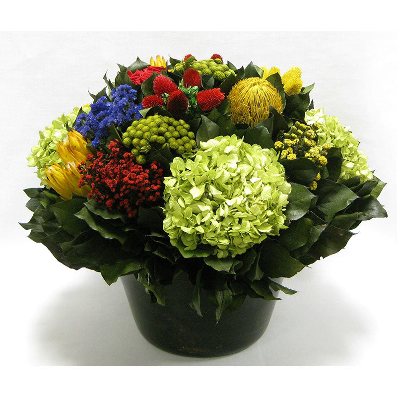 Medium Round Wooden Container Antique Black - Multicolor w/ Clover, Roses, Banksia, Protea & Hydrangea Basil