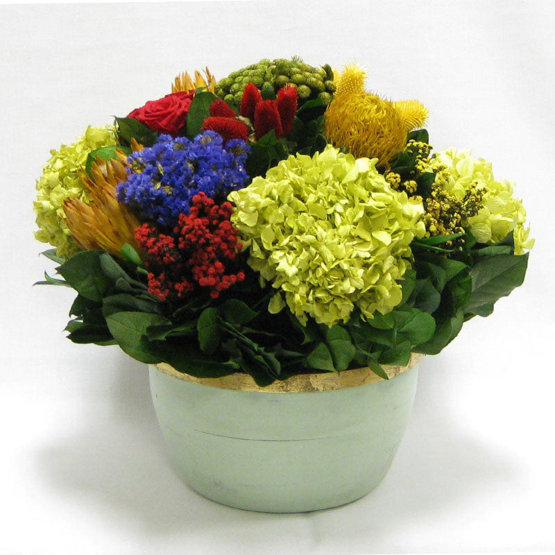 Medium Round Wooden Grey Green  Container -  Multicolor w/ Clover, Roses, Banksia, Protea & Hydrangea Basil