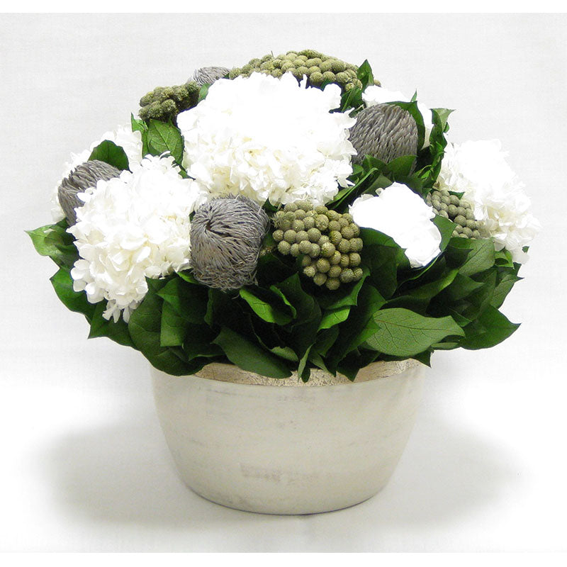 Medium Round Wooden Grey Silver Container - Roses White, Banksia Lt Grey, Brunia Nat & Hydrangea White