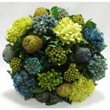 Load image into Gallery viewer, [1020-WA-HDBHDNB] Medium Round Wooden Container - Banksia, Pharalis &amp; Hydrangea Basil &amp; Natural Blue