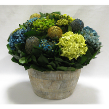 Load image into Gallery viewer, Medium Round Wooden Container - Banksia, Pharalis &amp; Hydrangea Basil &amp; Natural Blue
