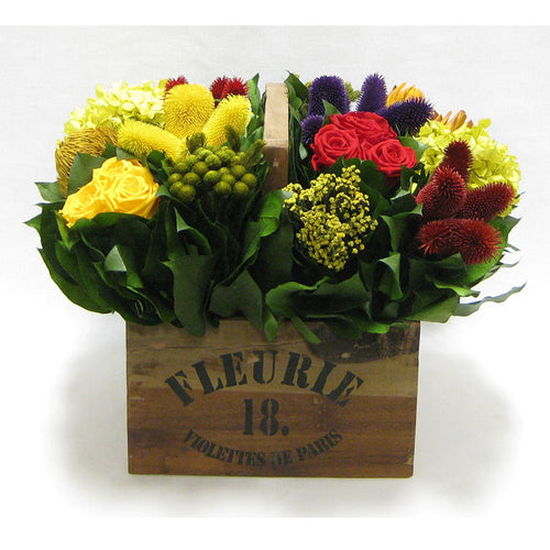 Wooden Basket w/ Handle Small - Multicolor w/ Clover, Roses, Banksia, Protea & Hydrangea Basil