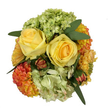 Load image into Gallery viewer, [HUXS-ADALGY] Gold Metal Hammered Vase Small - Artificial Dahlia, Rose &amp; Hydrangea -  Green &amp; Yellow
