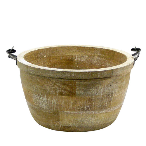 Medium Wooden Round Pot w/ Handle - Weathered Antique