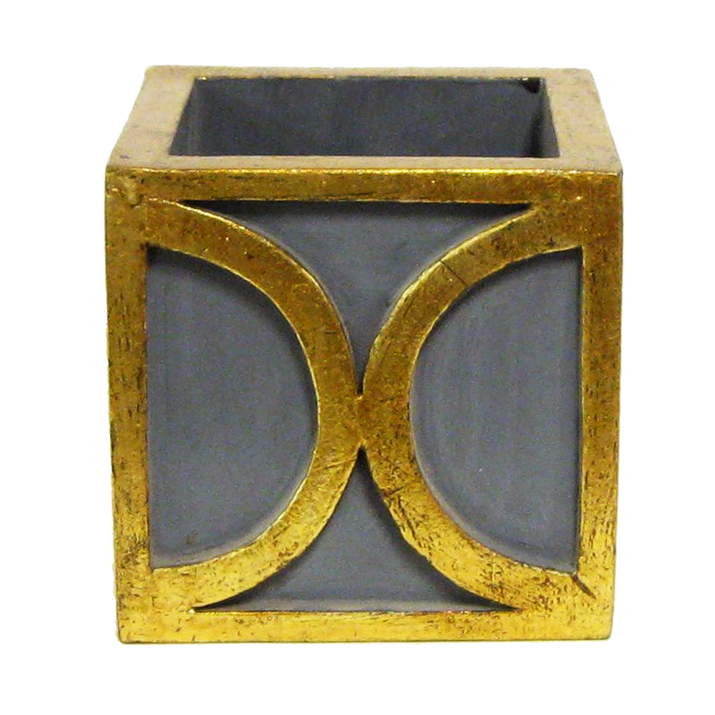 Wooden Mini Square Container w/ Half Circle - Dark Blue Grey w/ Antique Gold