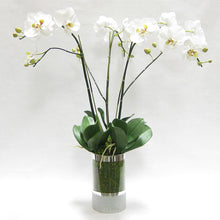 Load image into Gallery viewer, Cylinder Glass Vase Silver - White &amp; Green Orchid Artificial - 3 Stems