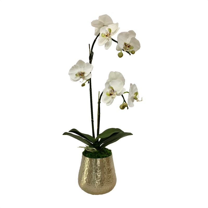 Gold Metal Hammered Vase Large - White & Green Double Orchid Artificial
