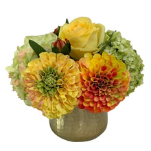 Load image into Gallery viewer, Gold Metal Hammered Vase Small - Artificial Dahlia, Rose &amp; Hydrangea -  Green &amp; Yellow