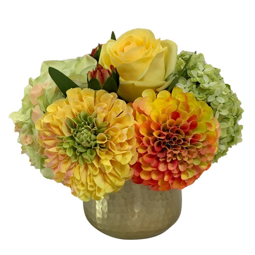 Gold Metal Hammered Vase Small - Artificial Dahlia, Rose & Hydrangea -  Green & Yellow