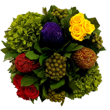 Load image into Gallery viewer, [MSP-G-MLPM] Mini Square Container Gold Leaf - Multicolor Roses Red &amp; Yellow, Manzi and Hydrangea Basil