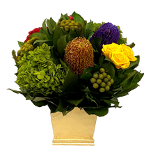 Load image into Gallery viewer, Mini Square Container Gold Leaf - Multicolor Roses Red &amp; Yellow, Manzi and Hydrangea Basil
