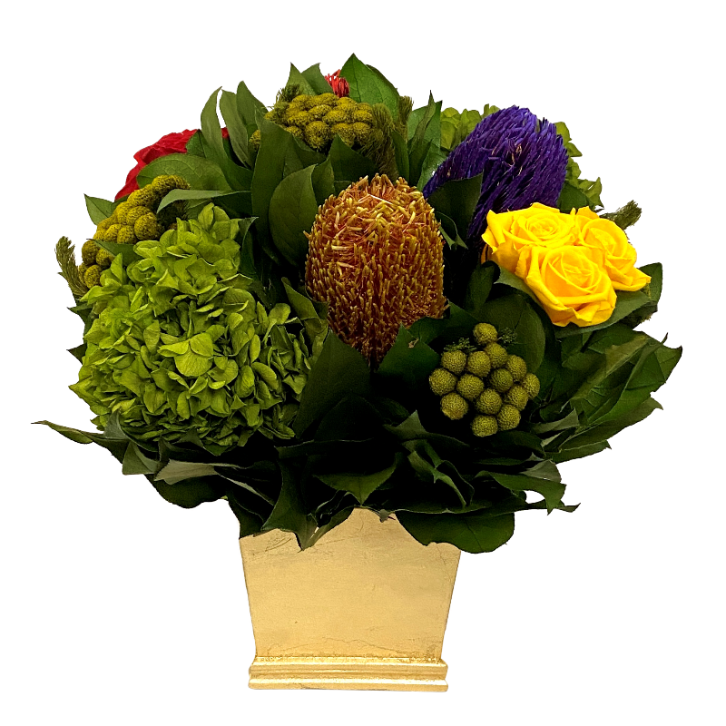 Mini Square Container Gold Leaf - Multicolor Roses Red & Yellow, Manzi and Hydrangea Basil