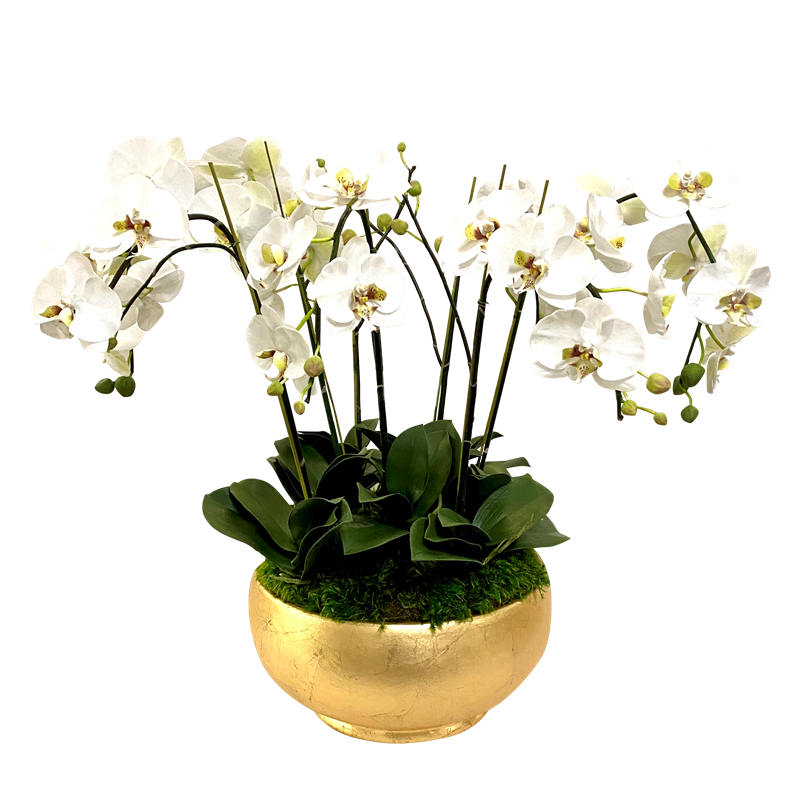 Resin Round Bowl Large Gold Leaf - Artificial Orchids White & Green