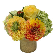 Load image into Gallery viewer, Gold Glass Vase Medium - Artificial Dahlia, Rose &amp; Hydrangea -  Green &amp; Yellow