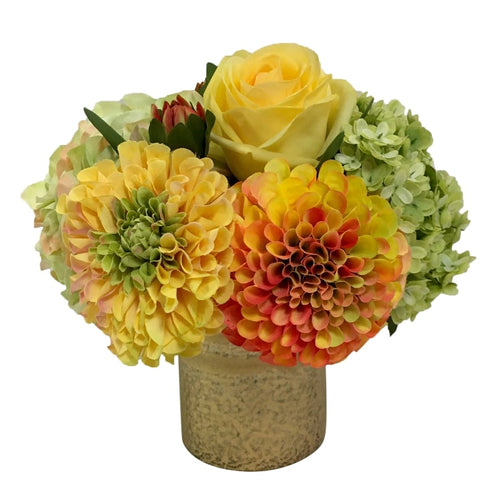 Gold Glass Vase Medium - Artificial Dahlia, Rose & Hydrangea -  Green & Yellow