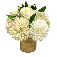 Load image into Gallery viewer, Gold Glass Vase Medium - Artificial Dalhia, Roses &amp; Hydrangea White

