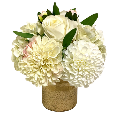 Gold Glass Vase Medium - Artificial Dalhia, Roses & Hydrangea White