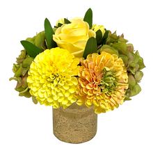 Load image into Gallery viewer, Gold Glass Vase Medium - Artificial Dahlia, Roses &amp; Hydrangea Yellow