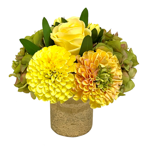 Gold Glass Vase Medium - Artificial Dahlia, Roses & Hydrangea Yellow