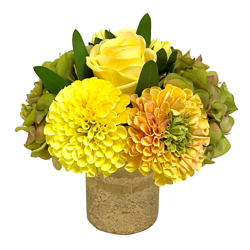 Gold Glass Vase Medium - Artificial Dahlia, Roses & Hydrangea Yellow