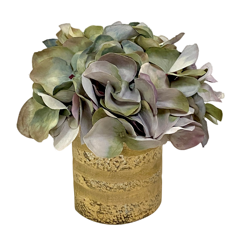 Gold Glass Vase Small - Artificial Hydrangea Aqua