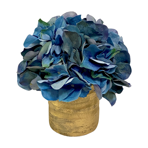 Gold Glass Vase Small - Artificial Hydrangea Blue
