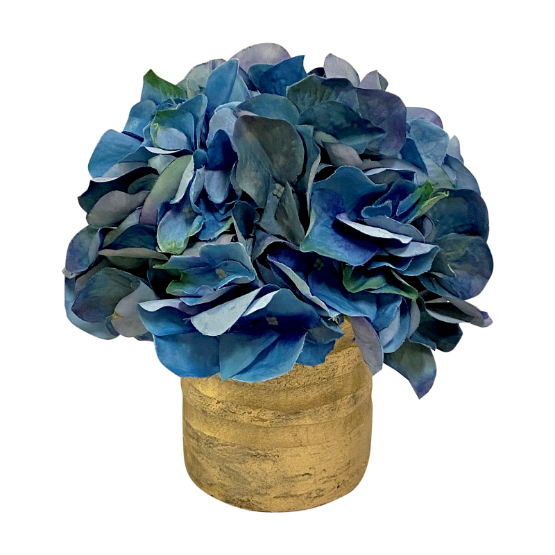 Gold Glass Vase Small - Artificial Hydrangea Blue