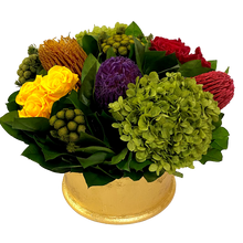 Load image into Gallery viewer, Round Resin Container Gold - Banksia, Roses Red Yellow &amp; Hydrangea Basil

