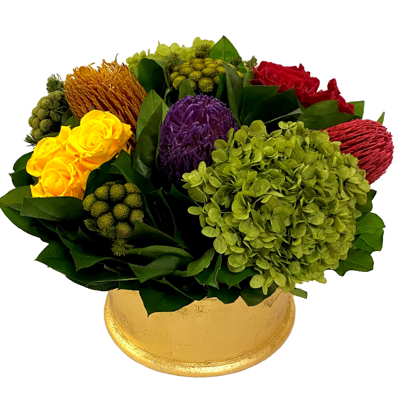 Round Resin Container Gold - Banksia, Roses Red Yellow & Hydrangea Basil